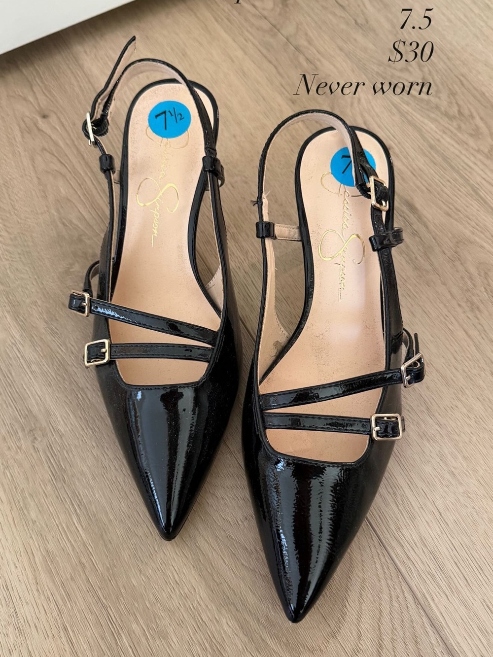 Jessica Simpson Black Patent Pointed Toe Slingback Pumps with Buckle Straps